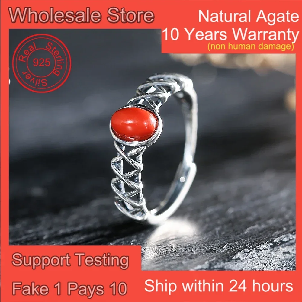 Rich Red Hue Natural Red Agate Stone Adjustable 925 Sterling Silver Women's Ring Exquisite Craftmanship Crossing Design Jewelry