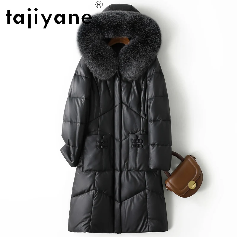 TAJIYANE 100% أعلى الحبوب جلد الغنم أوزة أسفل معطف طويل الجلد الحقيقي سترة منفوخة النساء مع الثعلب الفراء طوق 2025 الملابس الشتوية