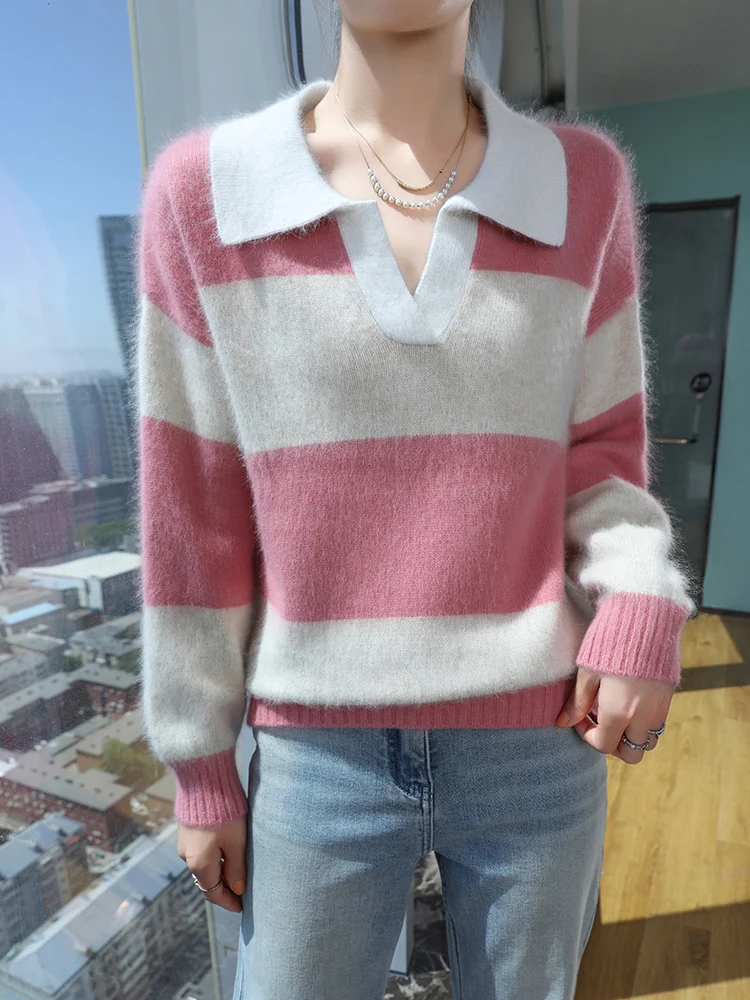 TLOML 신상 여성용 100% 밍크 캐시미어 스웨터 턴다운 칼라 스트라이프 풀오버 캐주얼 가을 겨울 부드럽고 따뜻한 밍크 캐시미어 탑