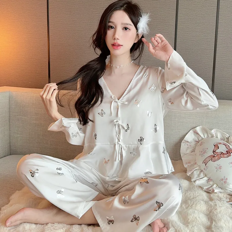 

Sleepwear Sleep Suit Female 4PCS Pajamas Set Sexy Satin Shirt Pants Sling Shorts Pyjamas Nightwear Nighty Home Wear