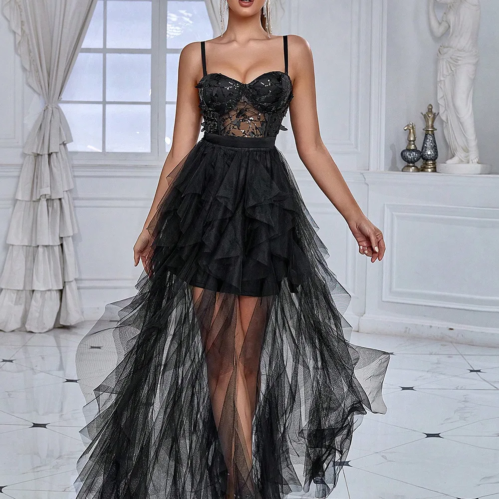 Women Sexy Mesh Cocktail Party Dress Luxurious Spaghetti Strap V Neck Corset Sequins Gala Guest Evening Dress Long Ruffle Dress