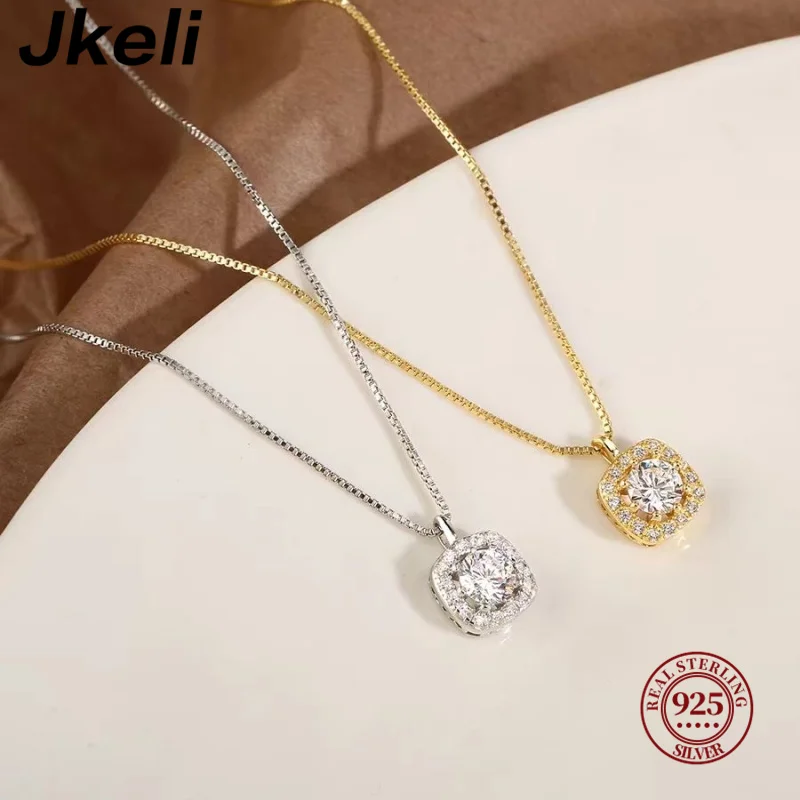 Jkeli 100% 925เงินสเตอร์ลิงสร้อยคอจี้บล็อกเพทายสำหรับผู้หญิงทันสมัยเครื่องประดับดีมินิมอลอุปกรณ์ตกแต่งมือถือไฟ