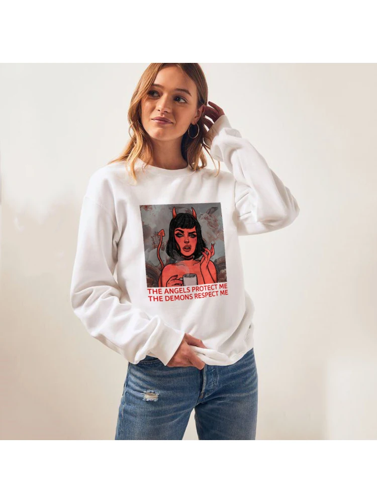 

THE ANGELS PROTECT ME THE DEMONS RESPECT ME Hoodies Chic Harajuku Vintage Sweatshirt Hoodie Women's Fashion Streetwear