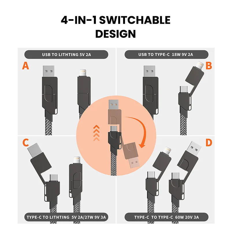 4 in 1 Multi Fast Charging Cable Keychain PD for Apple iPhone Lightning 27W Andriod TYPE-C 60W QC 18W Fast Charging Data Cable