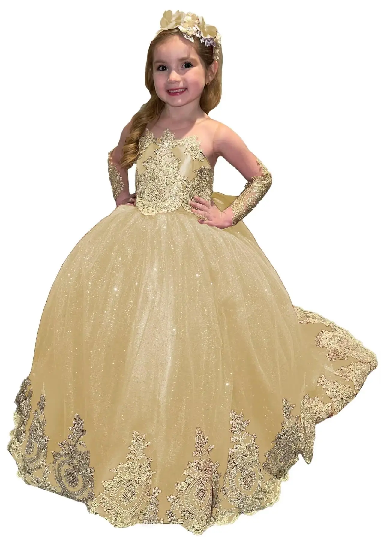 

2024 Champagne Flower Girl Dress For Wedding Lace Puffy Full Sleeves Floor Length Princess Pageant Kids Birthday Ball Gown