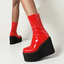 Foam Light Sole Platform Wedges High Heels Girls Shoes Patent PU Leather Red White Ankle Stretch Booties Gothic Women Flat Boots