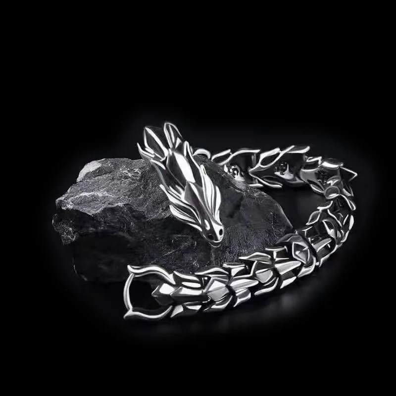 TrendMen Hiphop Rock Dragon Loong Alloy Bracelets For Men Boys Silver Color Metal Wristlet Jewelry Accessories Party Gift Bangle