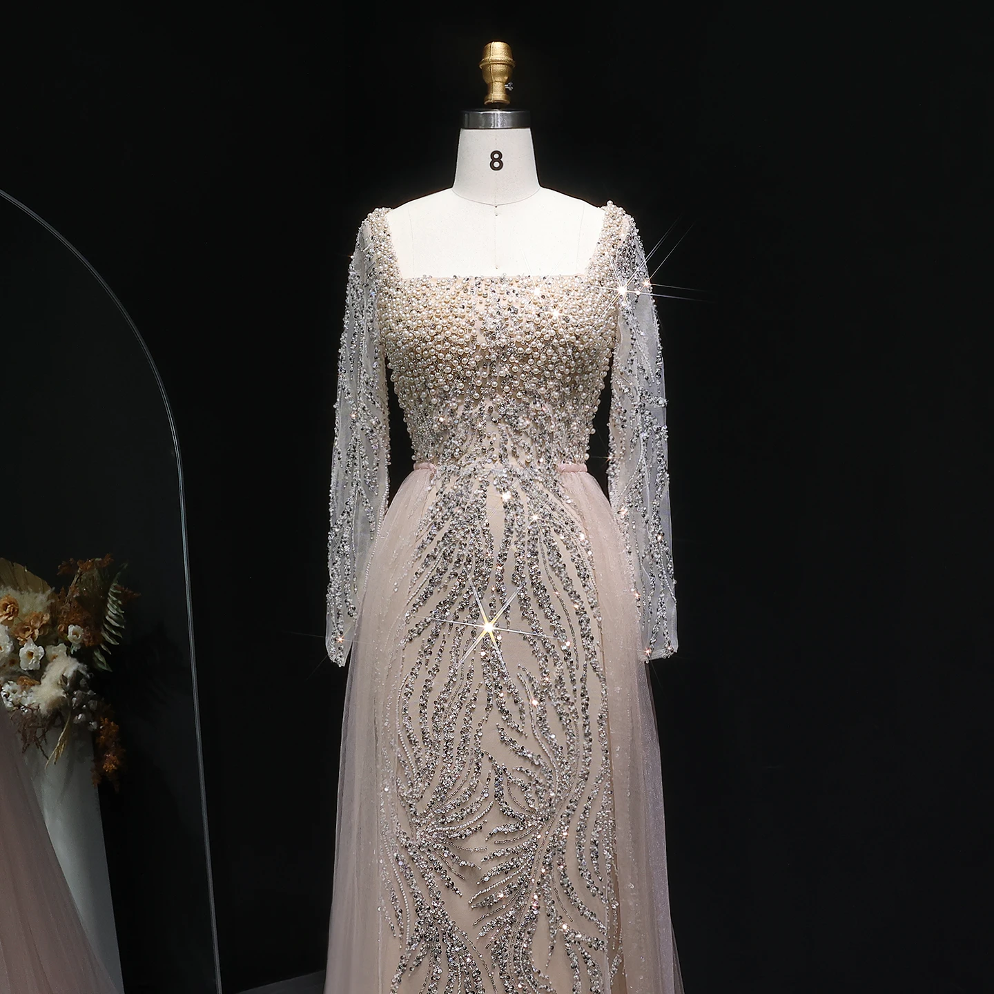 Sharon Said Luxuriöses Champagner-Abendkleid mit quadratischem Ausschnitt, transparenten Ärmeln, Blattperlenstickerei, formelle Partykleider für besondere Anlässe, SS632, individuell gestaltet