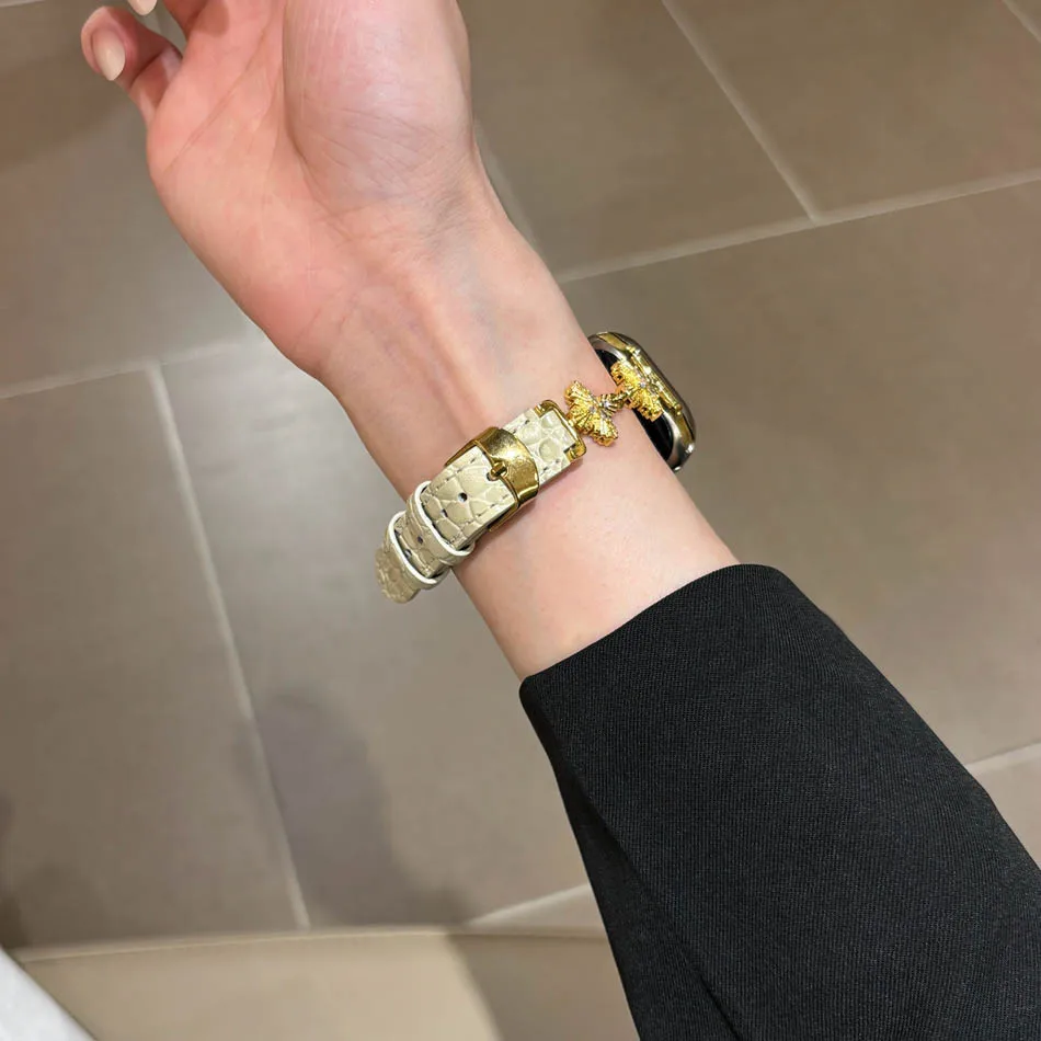 سوار فاخر من الألماس على شكل نجمة رباعية الرؤوس لساعة Apple Watch Series 10 9 8 7 6 SE 5 4 3 2 Ultra 46 مم 49 مم 45 مم 44 مم 42 مم 41 مم 40 مم 38 مم، حزام جلدي