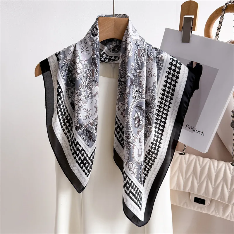 Quadratischer Schal mit Hahnentrittmuster für Damen, weiche Seidenschals, Bandanas, luxuriöser Hijab, Halstuch, eleganter Strand-Schal, Wickeltücher für Damen