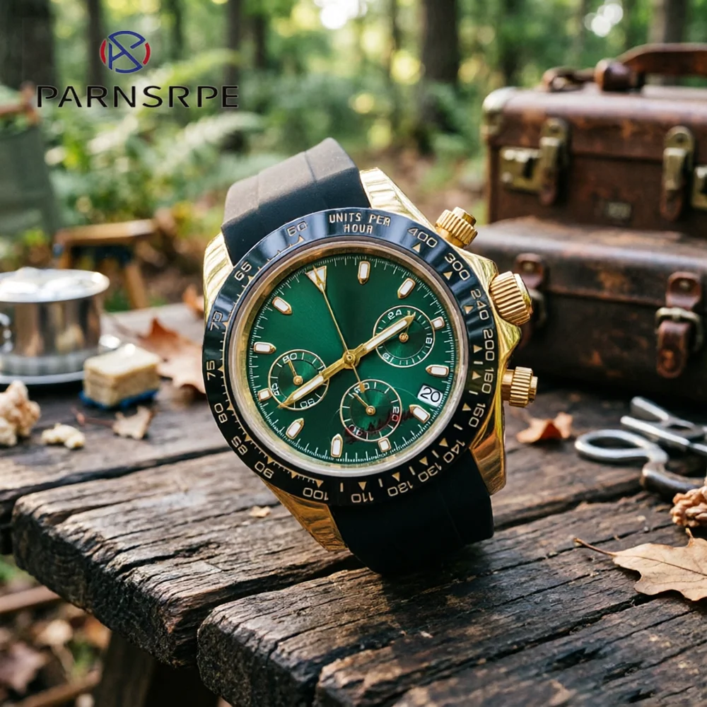 

PARNSRPE 39mm men's Japan VK64 movement quartz watch golden Stainless Steel Case Green Dial Luminous chronograph Sport watch