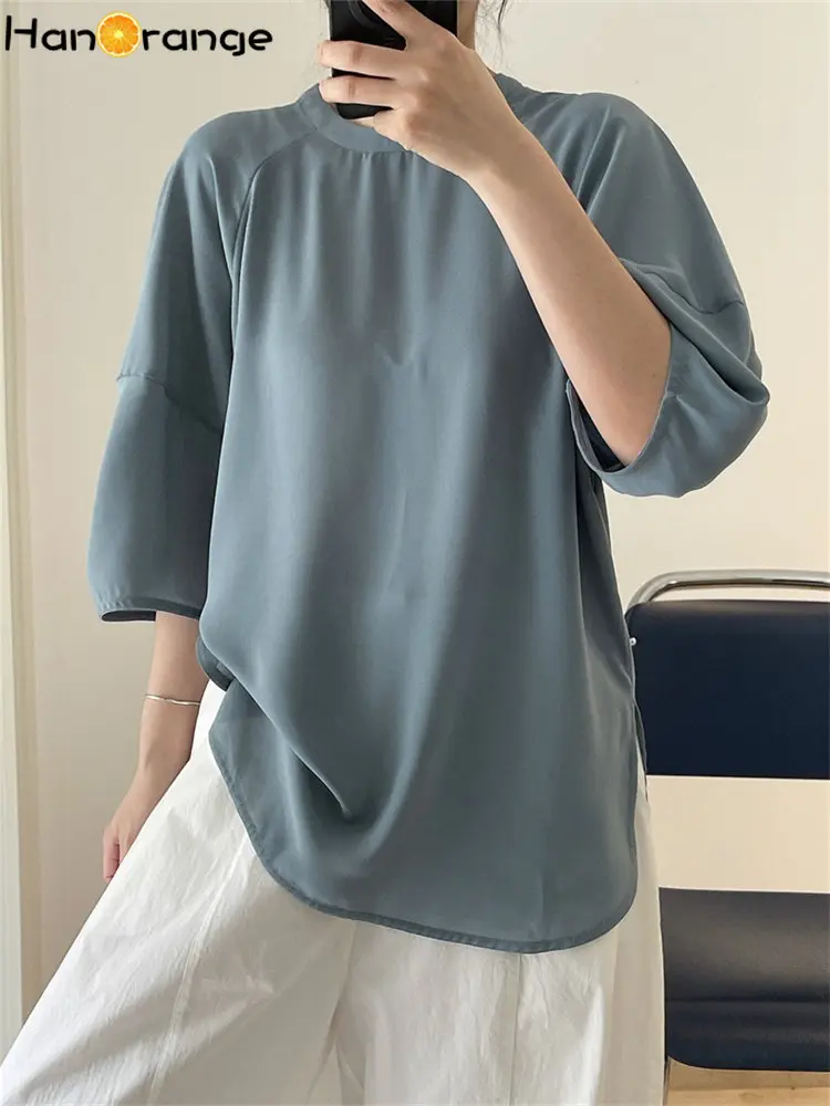 HanOrange 2024 Summer Slightly Transparent Lantern Sleeves Shirt Women Loose Mesh Thin Top Turquoise Green/Light Gray Powder