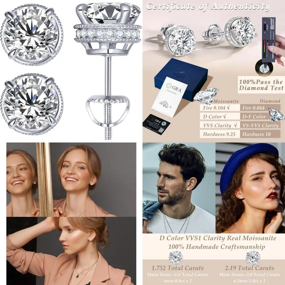 

Sterling Silver 18K White Gold Plated Hidden Halo Stud Earrings 1.6-2.0 Ct D Color VVS1 Clarity Brilliance Jewelry