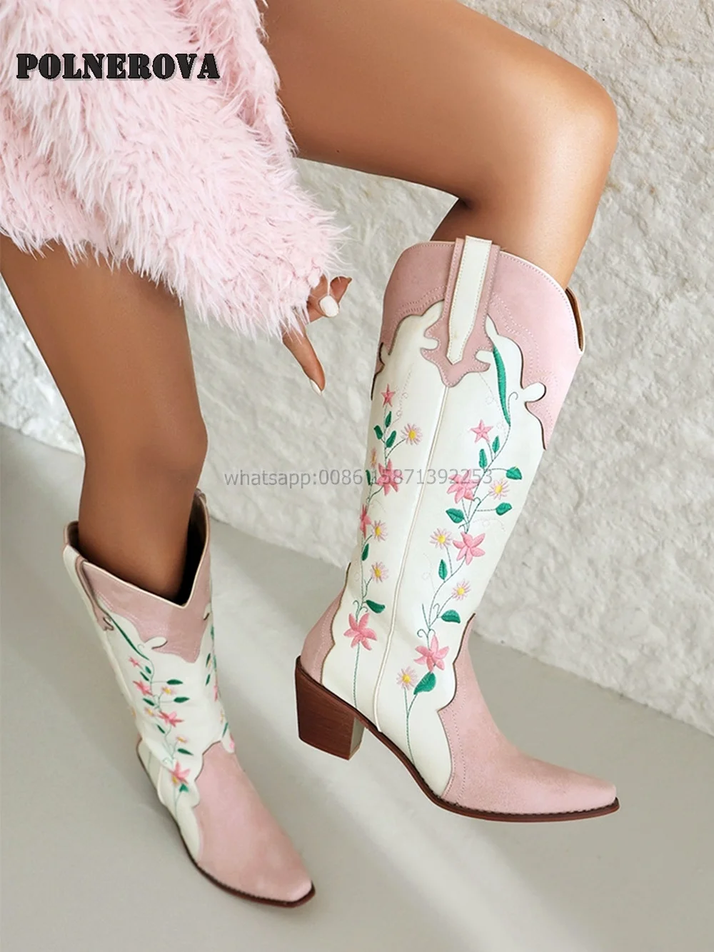 Embroider Mixed Colors Splicing Booty Pointed Toe Chunky Heels V-Cut Large Size Knee High Boots National Style Casual Shoes 2024