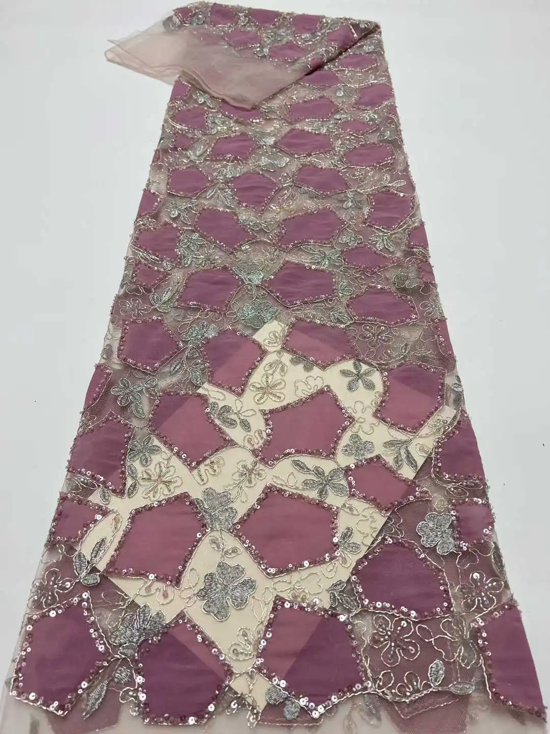 High Quality African Lace Fabric with French Sequins Embroidery Beads Tulle 5 Yards for Party Dresses