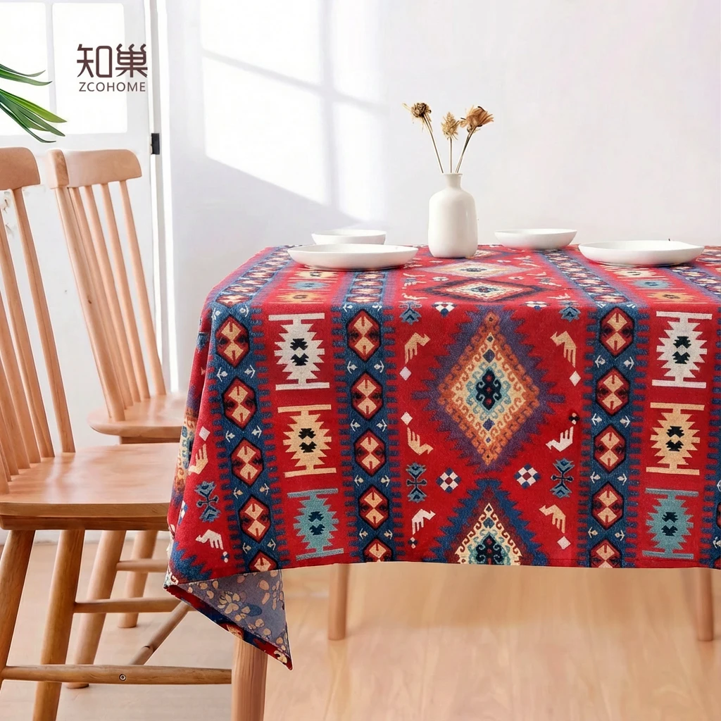 

Red Bohemian Tablecloth Festive New Year Luxury Sensation Cloth Art Dustproof Non-Slip Rectangular Shape Geometric Pattern