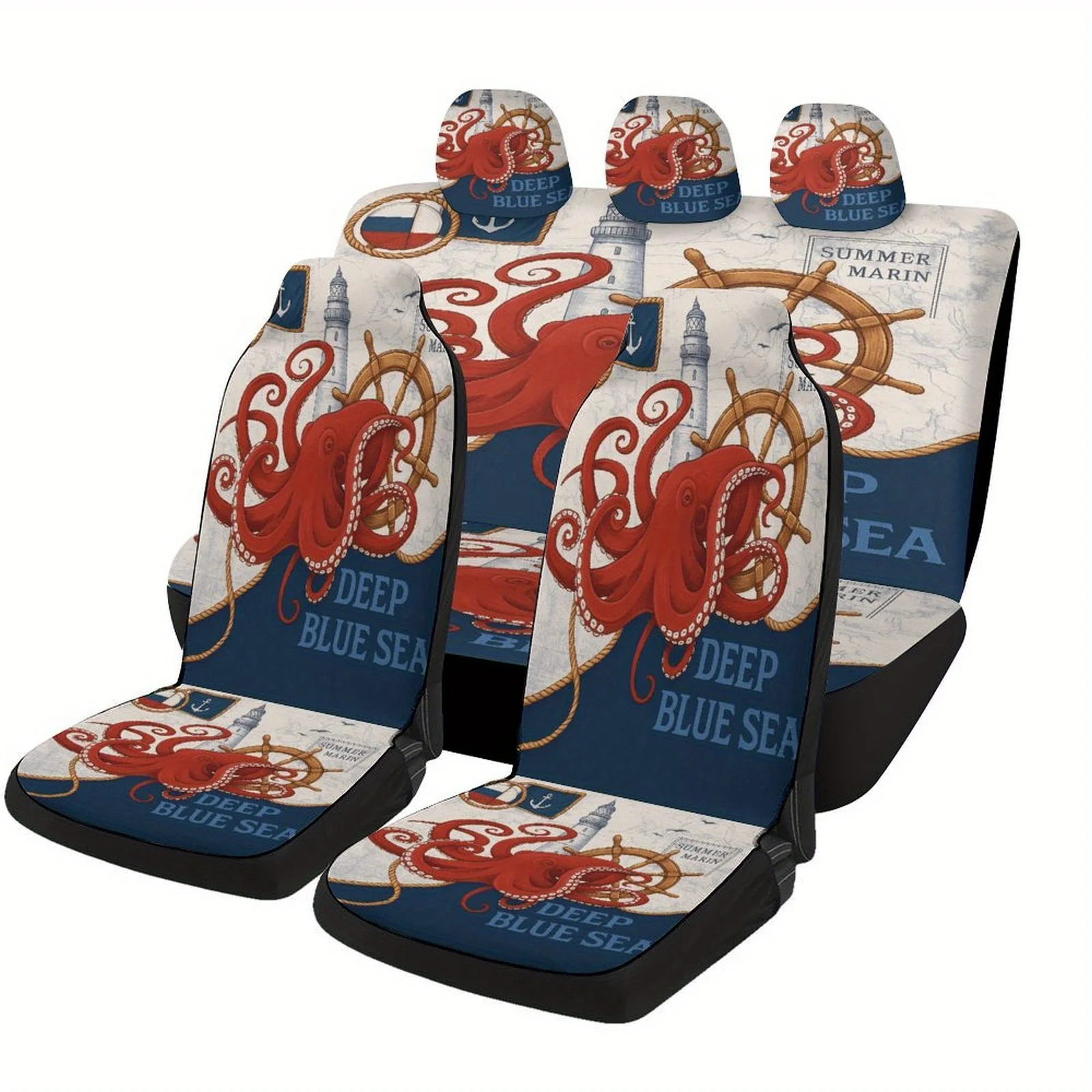 Deep Blue Sea Octopus Designed Car Seat Cover Set | High-quality Polyester Universal Fit Seat Covers For 2 Front And Rear Seats,