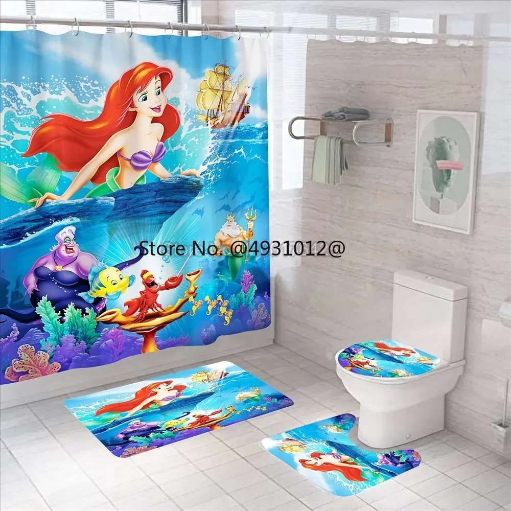  Anime Mermaid Princessd Shower Curtain Bath Drapes Set Cartoon Pattern Bathroom Curtain Mat Toilet Home Decor Kids GIfts