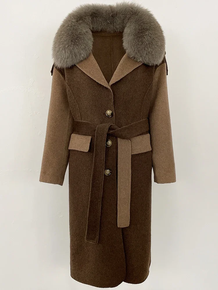2025 nova moda outono inverno roupas femininas real pele de raposa jaqueta de lã feminino longo retalhos dupla face casaco de caxemira de lã