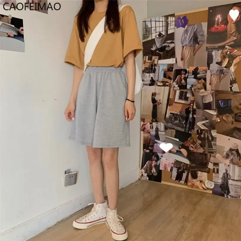 2025 Summer Shorts Women Elasticity Lovely Girls Korean Style Sweet Students Harajuku Simple Pure Gray Oversize Trousers Female