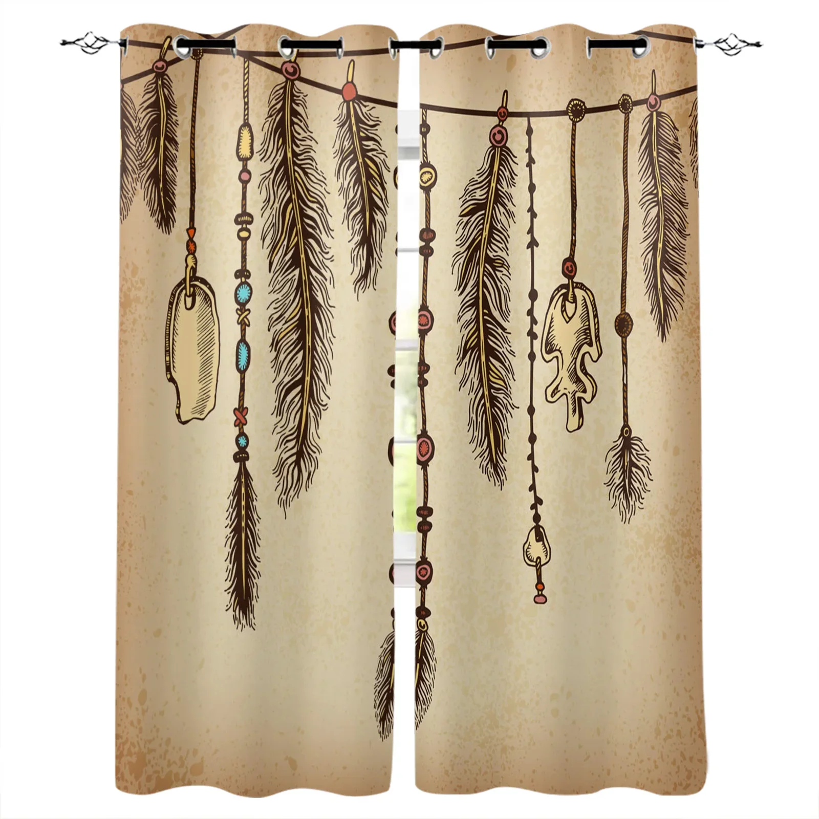 Feather Tribal Culture Lines Retro Blackout Curtains Window Curtains for Bedroom Living Room Decor Window Treatments