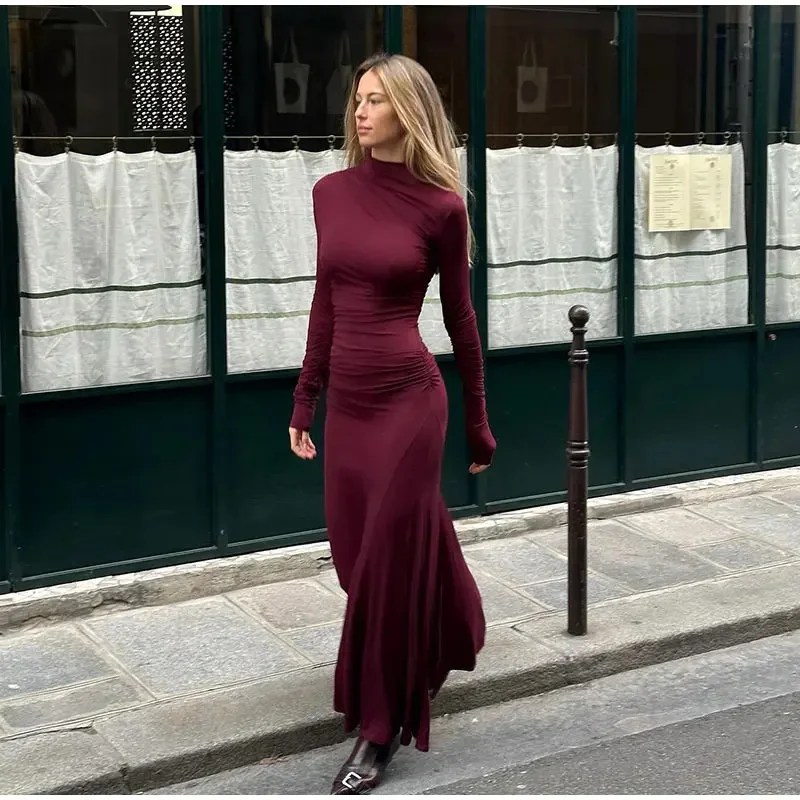 2025 exy Red Long Sleeved Women's Dress Autumn O Neck Slim Fit Red Spicy Girl Long Dress New Casual High Street Wrapped Skirt