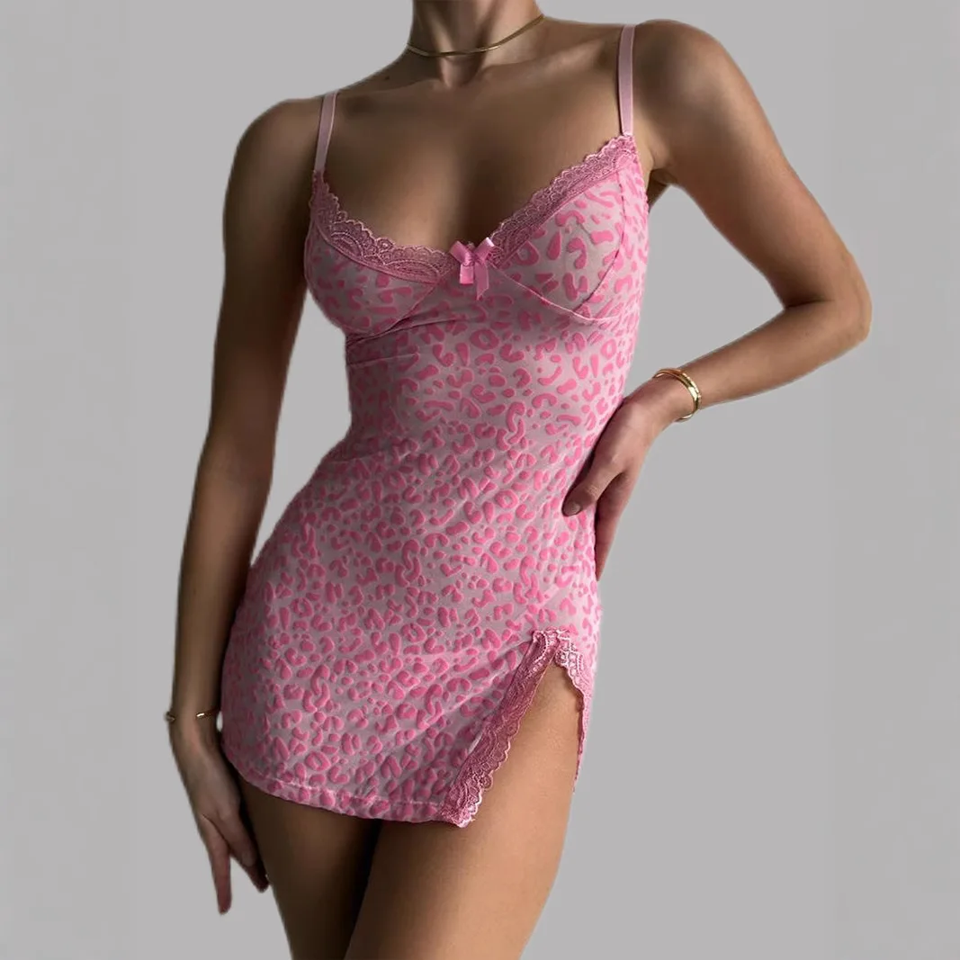 Vestido feminino sensual lindo decote em v profundo renda dividida conjuntos leopardo transparente com tangas roupa de dormir babydoll festa mini kit