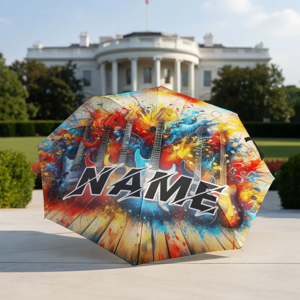 Custom Name umbrella, Vibrant Guitar Art Umbrella - Colorful Music Design Fashion Folding Umbrella for Daily Use,Christmas Gift