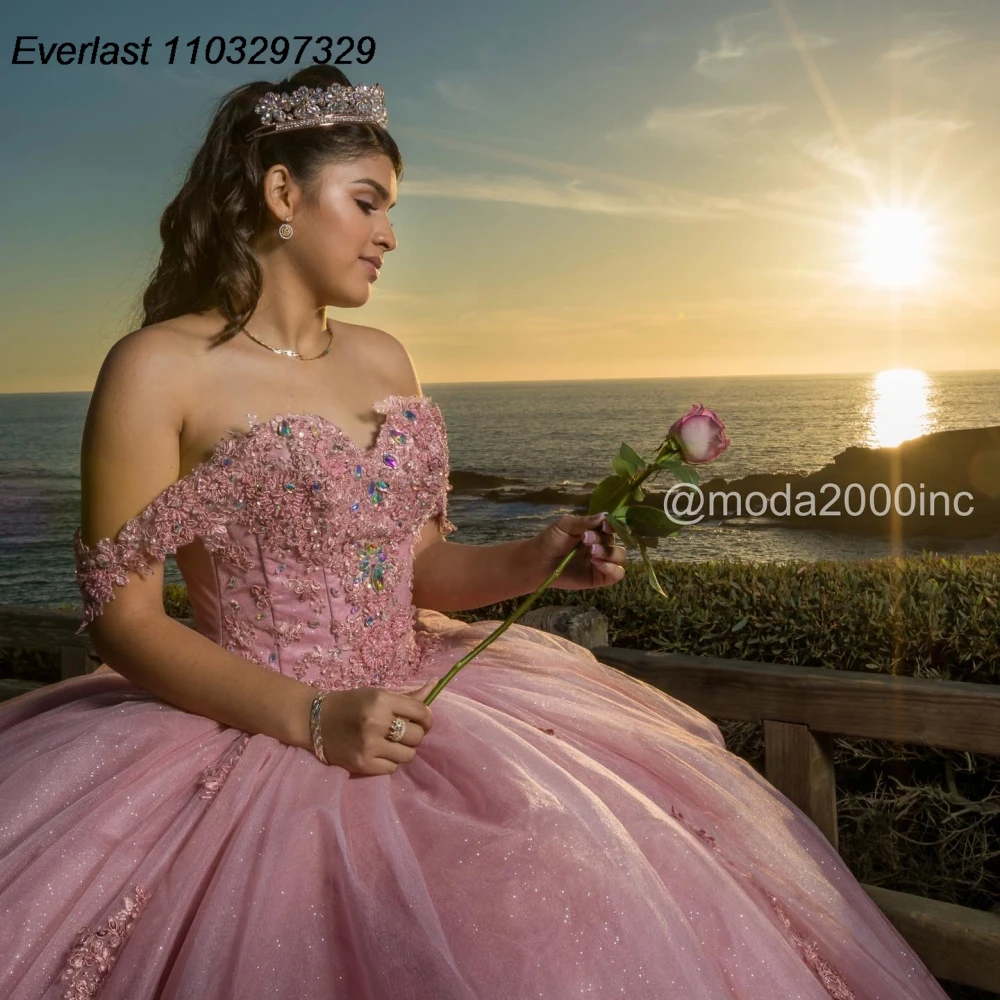 EVLAST Sparkly Pink Quinceanera Dress Ball Gown Shiny Lace Applique Beading Mexico corsetto Sweet 16 Vestido De 15 Anos TQD945