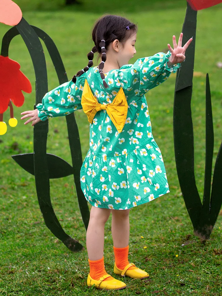 Baby Girls Full Sleeve Dresses 2022 Spring 100% Cotton Green Floral Flower Printed Korea Style Cute Bowknot 36M 8T Kids Clothes