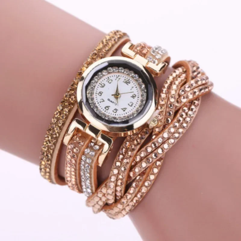 Casual Gold Quartz Watch Women Rhinestone Fashion Braided Leather Bracelet Watch Gift Ladies Wristwatch Relogio Feminino Gifts