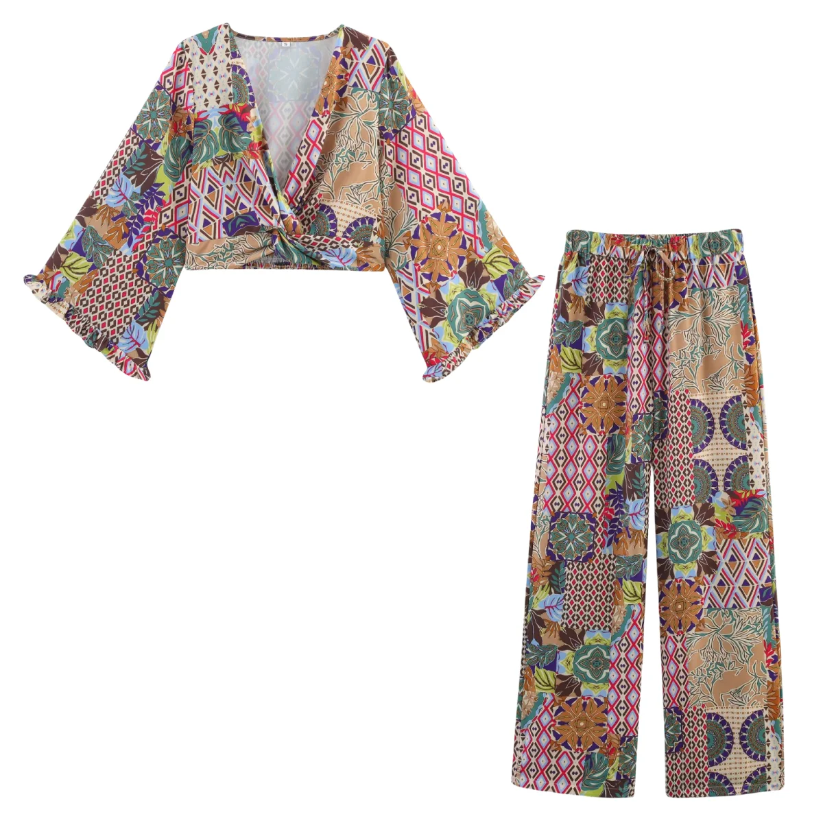 

BM&MD&ZA Ladies V - neck Short Printed Top with Ruffled Sleeves Hem Drawstring Elastic - waist Printed Trousers Set