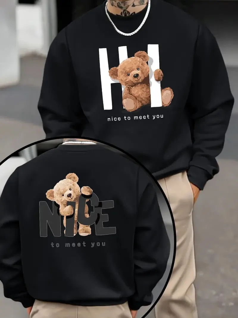 يتميز القلنسوة الرجالية الجديدة ذات الرقبة المستديرة لربيع وخريف 2025 بطباعة دب ثلاثية الأبعاد غير رسمية وعصرية على الشارع #1