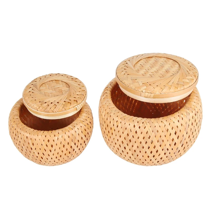 Set Of 2 Small Decorative Bamboo Baskets With Lid For Storing Small Items Handmade And Braided Bamboo Storage Box