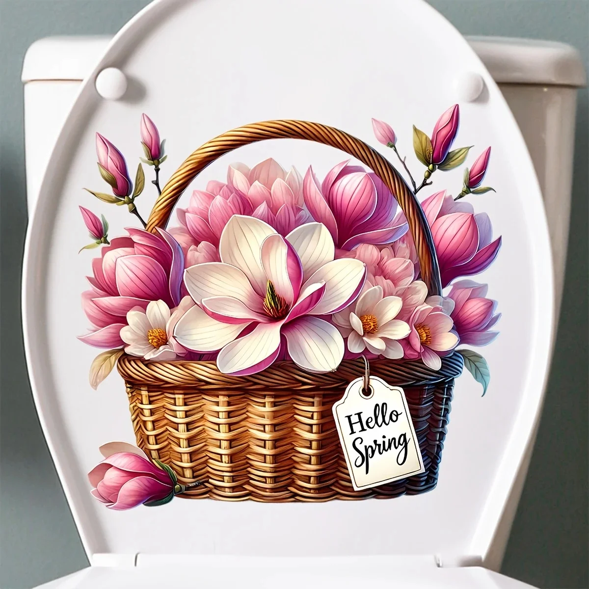 

MT1357# Spring Pink Floral Toilet Sticker - Hello Spring Basket Design, Self-Adhesive Bathroom Wall Car Decoration