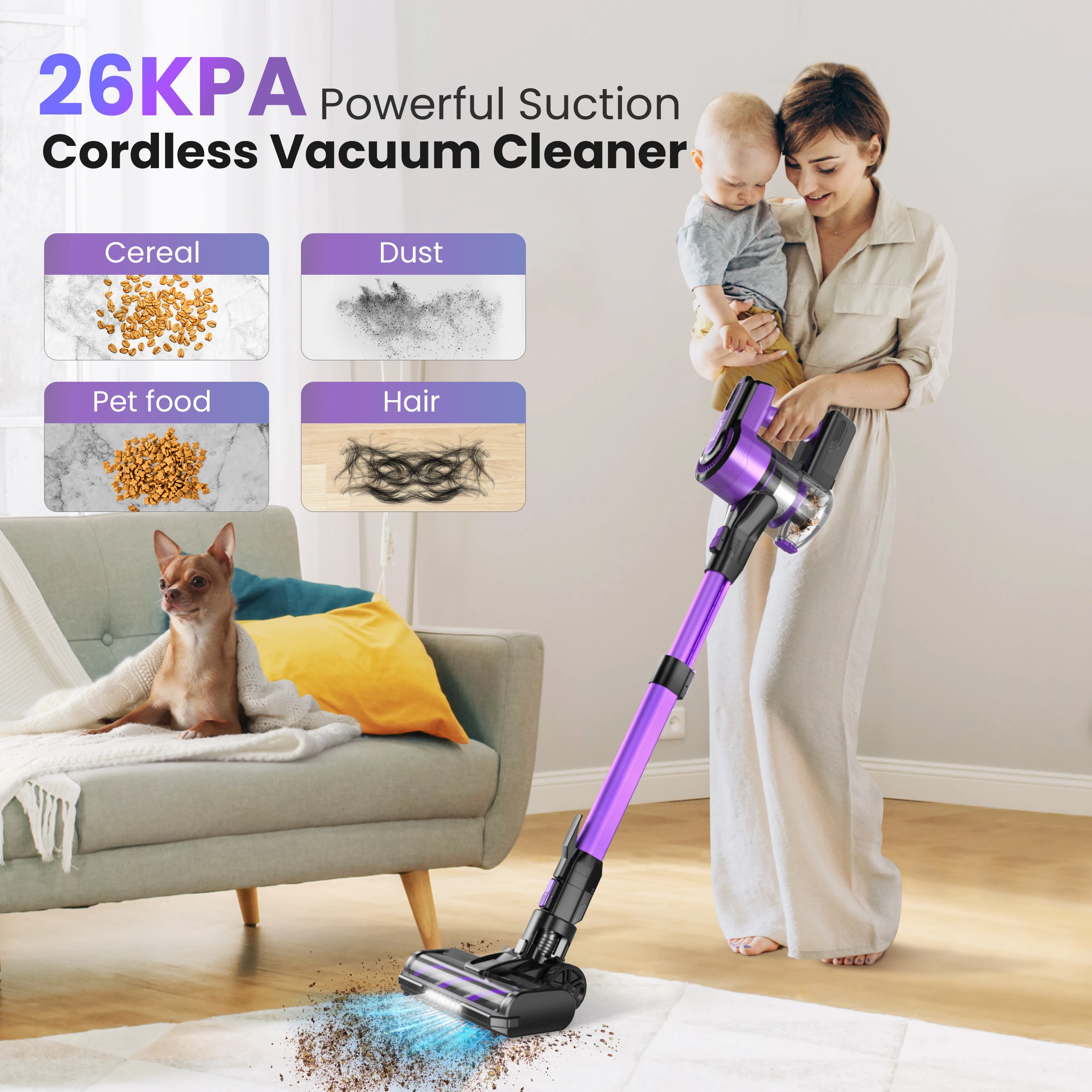 Poweart V870 Cordless Vacuum Cleaner, 26Kpa Stick Vacuum Up to 45 min Runtime, 8 in 1 Vacuum for Hardfloors Pet Hair