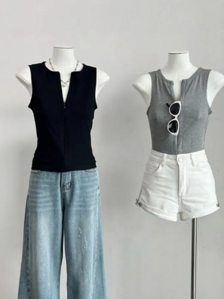 Women's Slim Fit Sleeveless Vest 95 Cotton Halfl Zip Crop Top Casual Wear High Elasticity U-Neckline Inner And Outer Wear