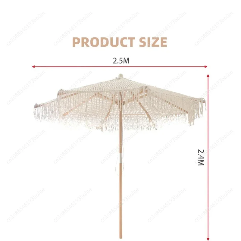 Bohemia Cotton Rope Parasols 2.5M Wooden Pole Handmade Tassels Woven Canopy Beach Umbrella With Macrame Fringe