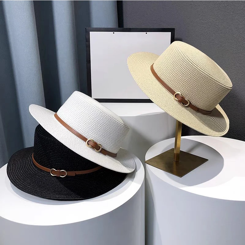 New Flat Top Straw Hat Belt Accessories Leisure Summer Sunscreen Hat Women\'s Fashionable Beach Boater Hat Gifts 2023