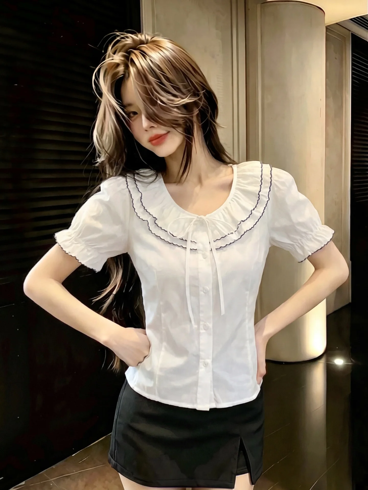 

French Style White Bubble Sleeve Shirt Women's Summer New Sweet Girl Feel Knot round Neck Short Sleeve Top Small Shirt