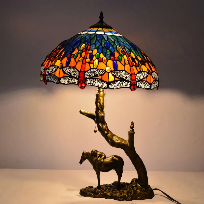 Nordic Round Stained Glass With Dragonfly Pattern Shade With Resin Tree Horse Kid Decor Shelf Bedside Eye Protection Table Lamp