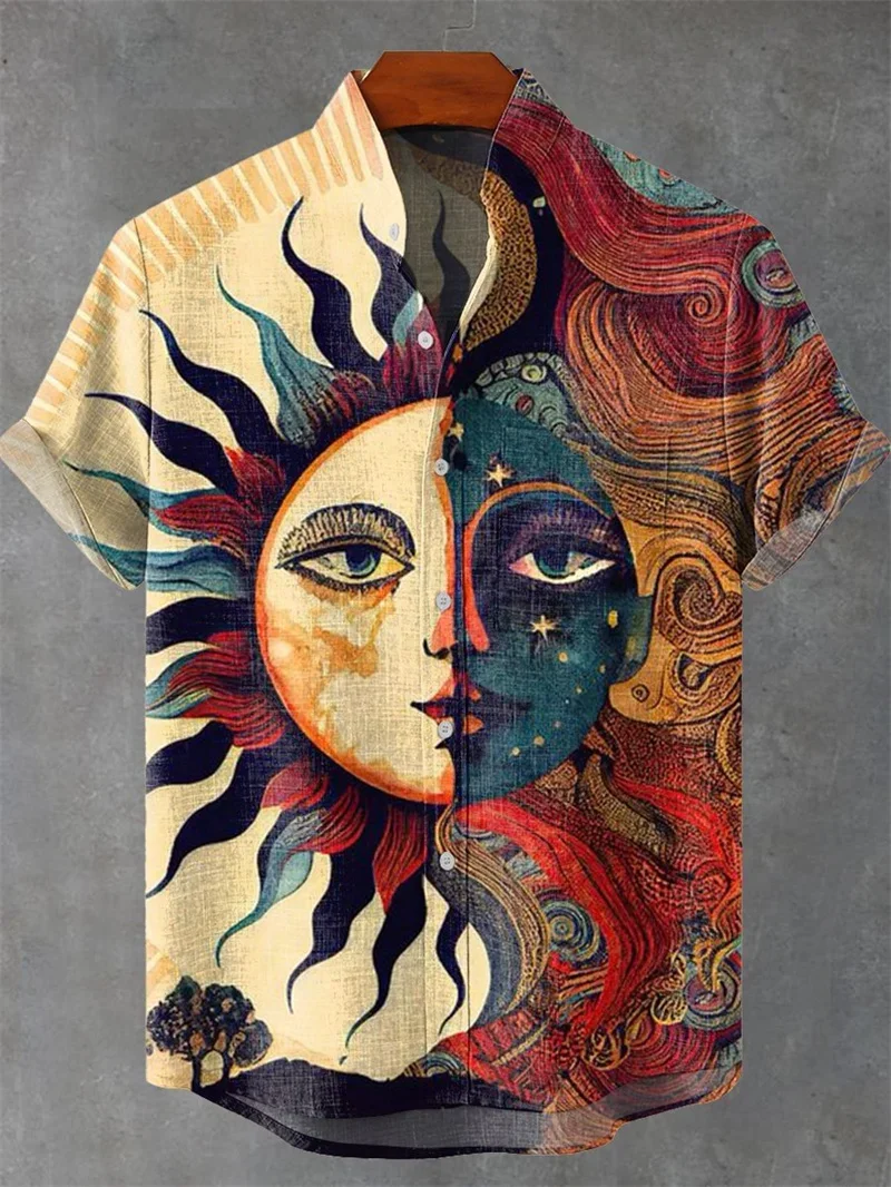 Men's Linen 3D Printed Pattern Contrasting Color Lapel Short-sleeved Button-up Shirt Private Custom Shirt Slim Body Dress Beach