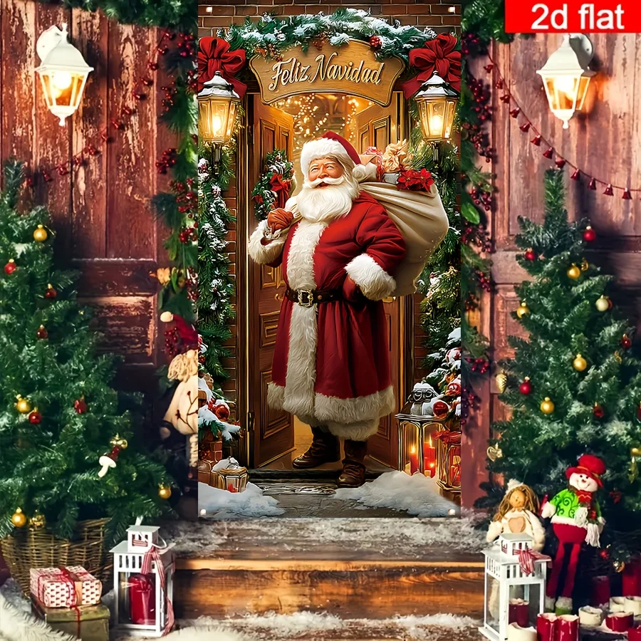 2D Flat 1pc Spanish Feliz Navidad Merry Christmas Banner - 90x180cm Polyester Door Decoration With Santa Claus & Gift Bag Banner
