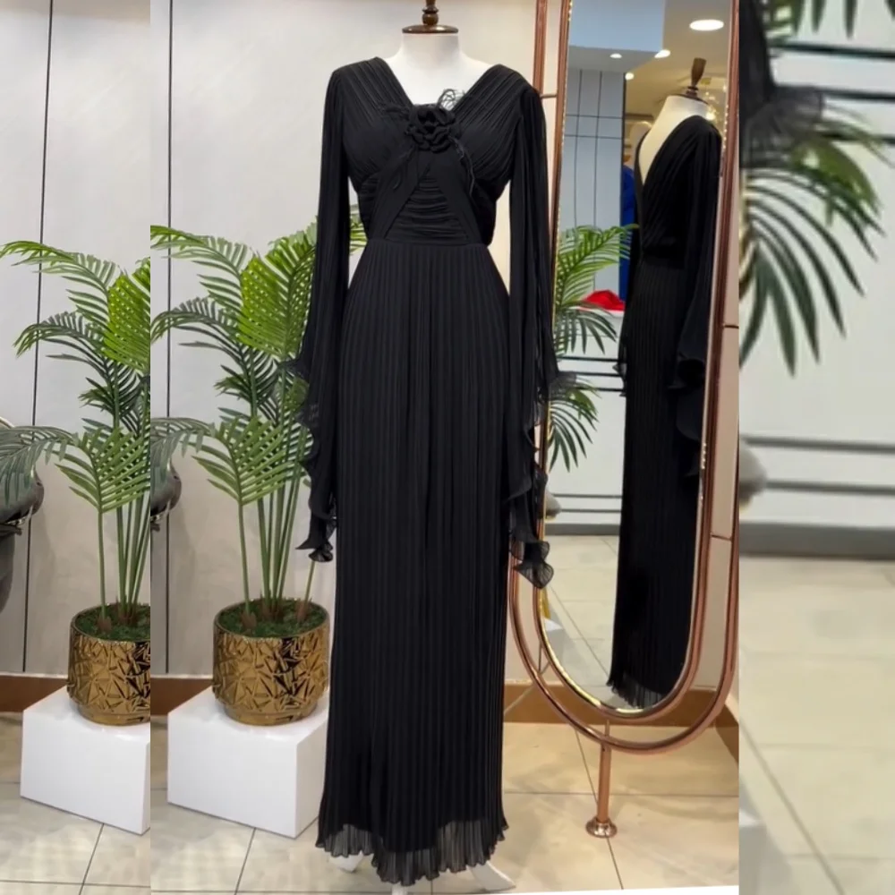 

Customized Chinese Style Chiffon Pleat Flower A-line V-neck Long Dresses Bespoke Occasion Celebrity Sizes Available