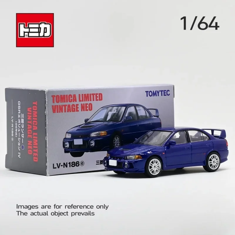 TOMICA TLV 1:64 LV-N186e Mitsubishi EVO4 GSR, modelo de juego de moda de coche en miniatura estático fundido a presión de aleación, regalo de vacaciones de juguete para niño.