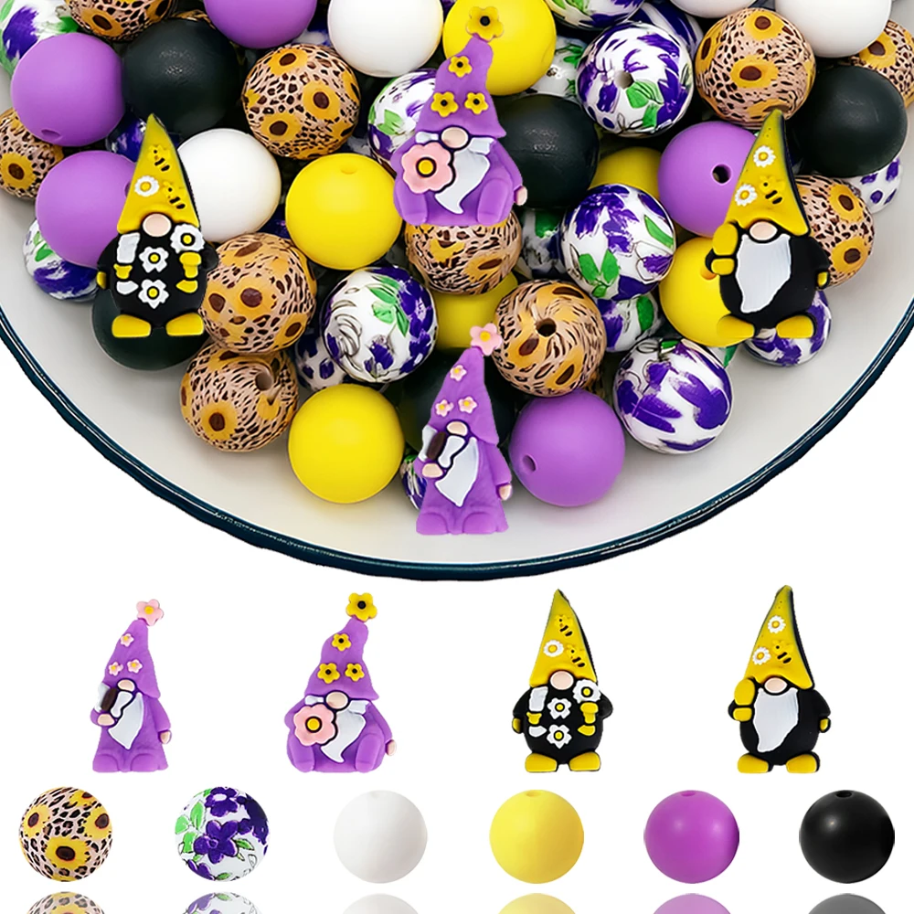34/54 Stück gelbe und lila Zwerg-Silikonperlen-Set, DIY-Perlenkette, Armband, Dekoration, Stift, Schmuck, Anhänger usw. Geburtstagsgeschenk für die Feiertage – Detail 1