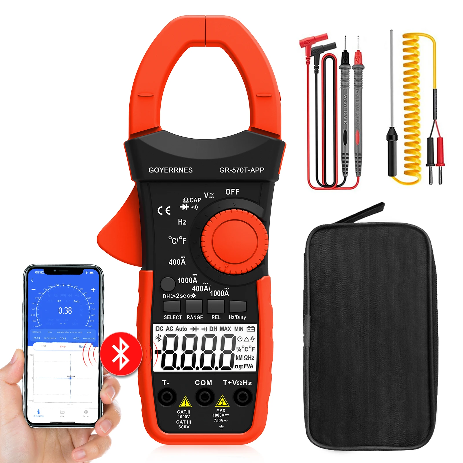 

Wireless Clamp Meter, 1000A AC/DC Current Amp Clamp, TRMS 4000 Counts Auto Range Clamp on Ammeter, Bluetooth Clamp Multimeter