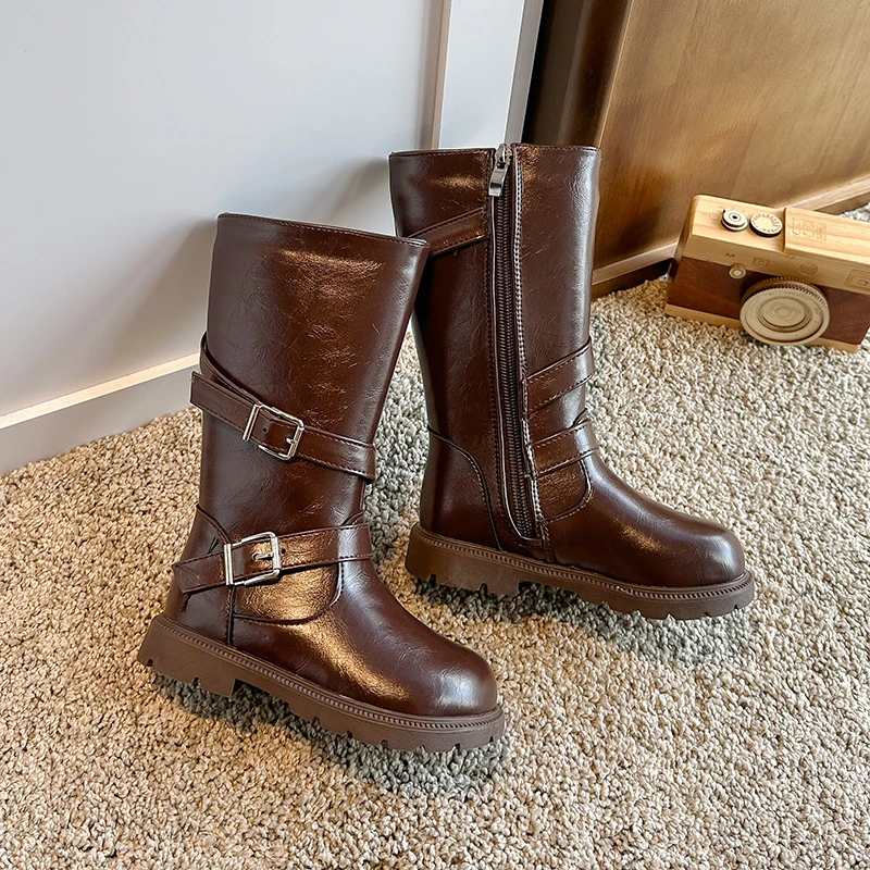 Kids Vintage Rivet Buckle Mid-Calf Boots, Children Retro Sweet Cool Ankle Boots Side Zipper, Non-Slip Thick Sole Winter Boots