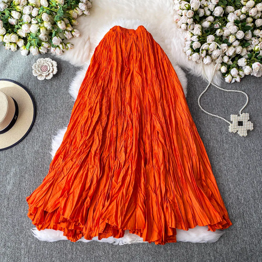 High Waist Asymmetrical Pleated Women's Midi Skirt Summer 2025 Faionable Slimming A-Line Long Skirt Korean Sle
