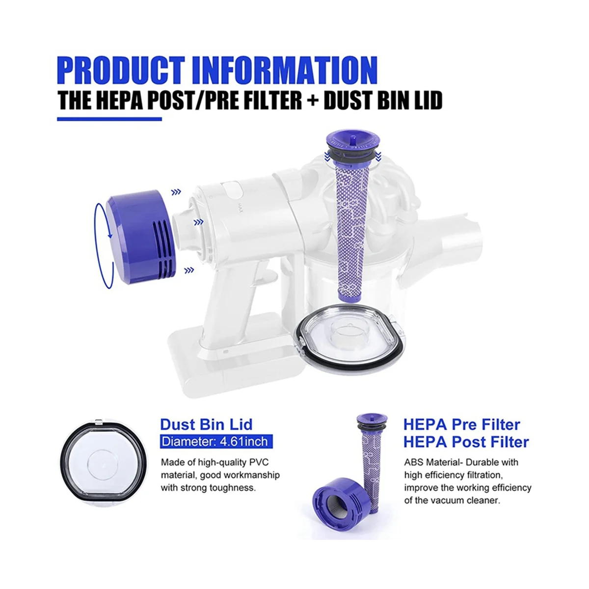 씰링 링이 있는 먼지통 뚜껑, 사전 및 사후 HEPA 필터 세트, V7 V8 용